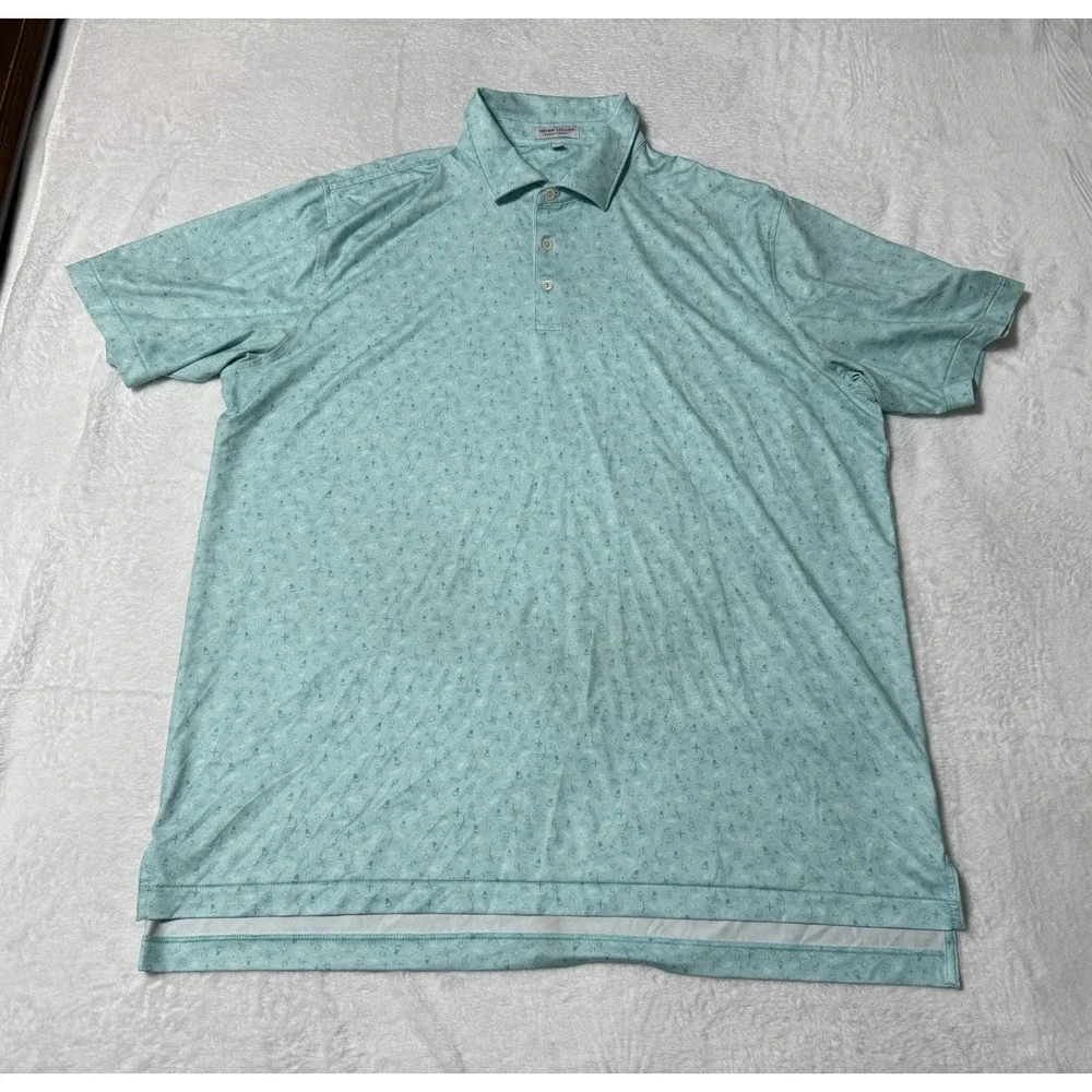 Peter Millar Summer Comfort Mens XL Polo Shirt Turquoise Geometric‎ Print Logo